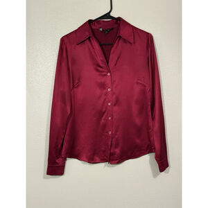 LAFAYETTE 148 Dark Red Silk Collared Button-Up Shirt Top 2 Workwear Business